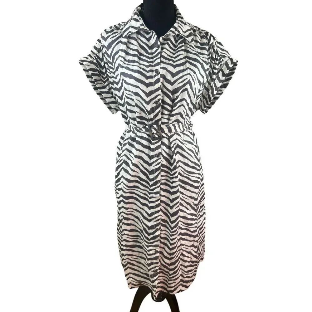 Tahari women’s Large Zebra Print brown cream 100% Linen midi button up Dress